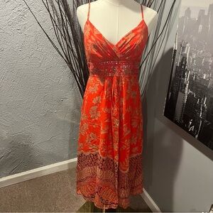 Monsoon Orange Silk Floral Midi Dress with Gold Leaf Print